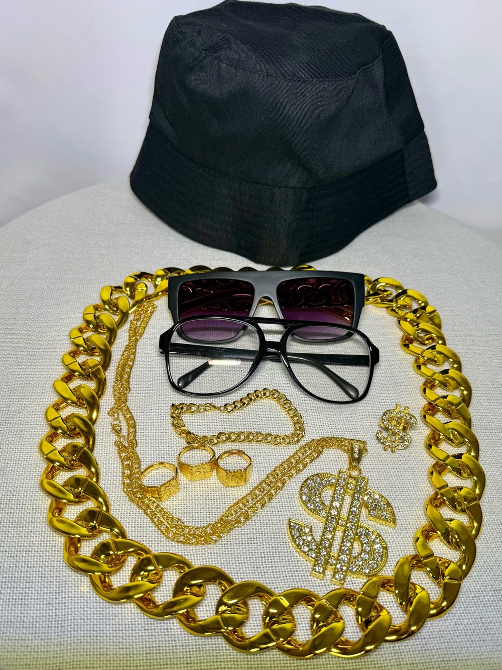 90s Hip Hop Costume Kit Gold Chain Bucket Hat Glasses Rapper Set NWT